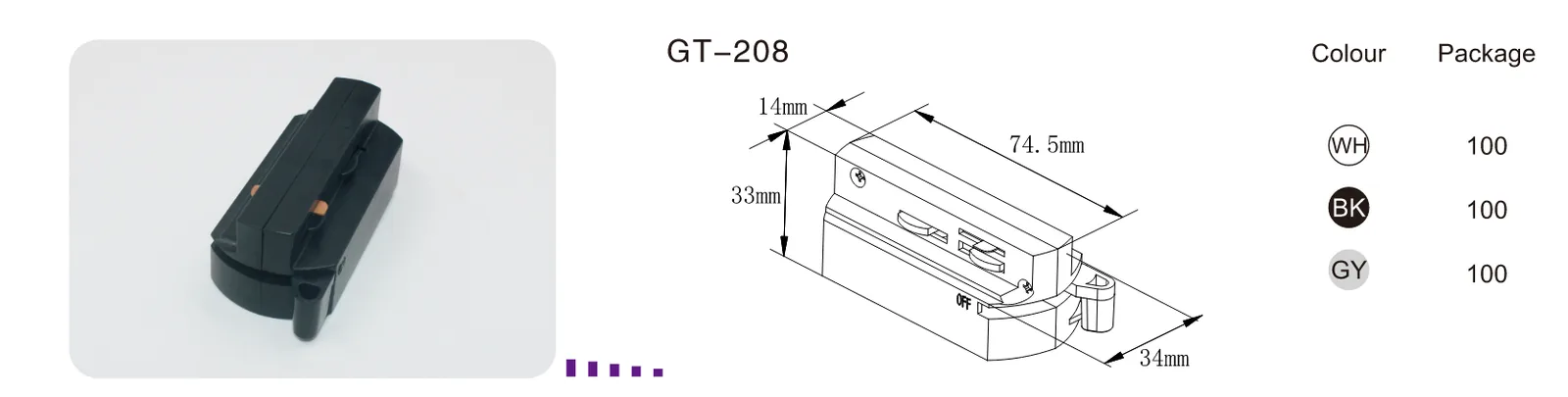 GT208 2 Wires Single Circuit Track Light Adapters view 2